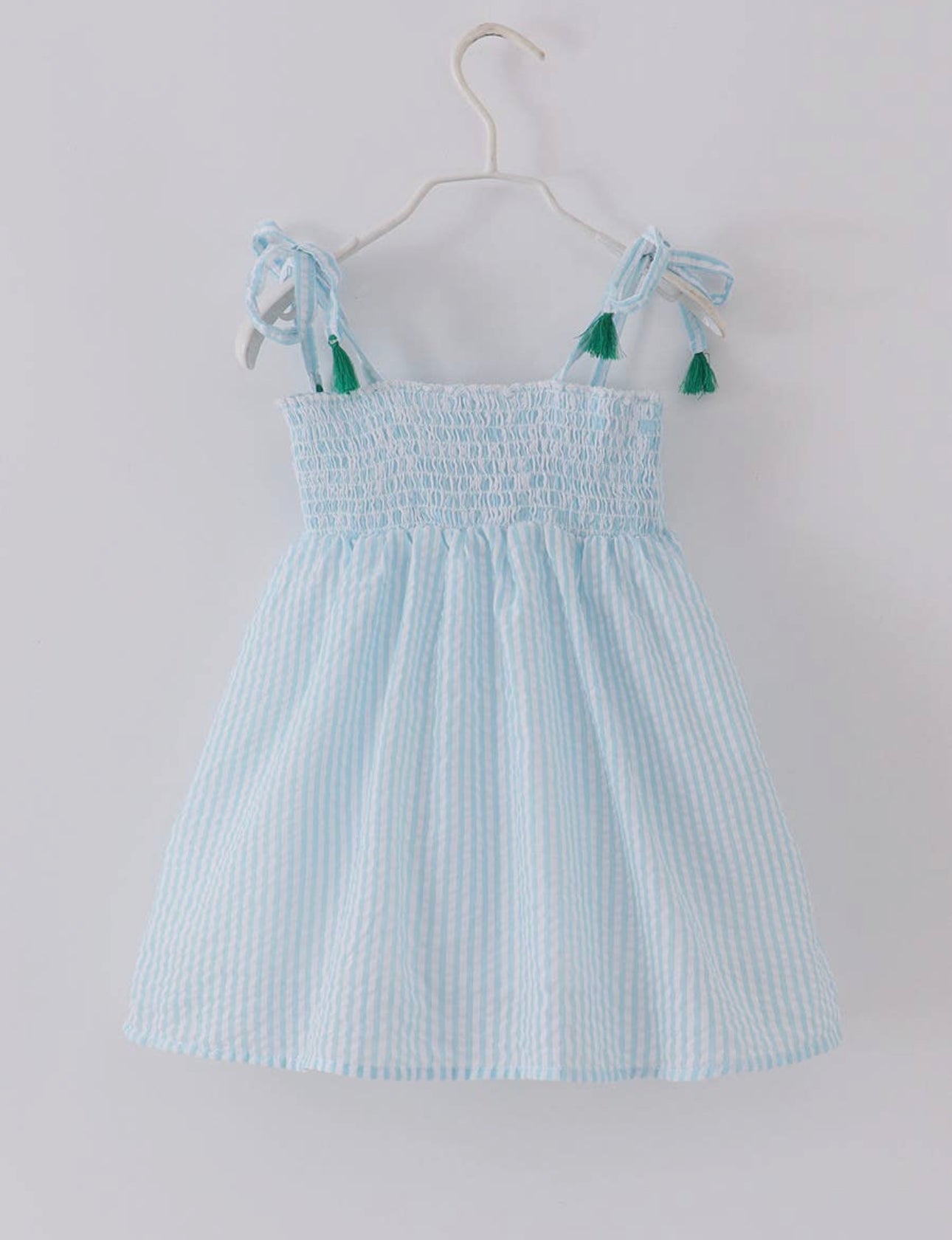 Blue Stripe Embroidery Flower Smocked Girl Dress