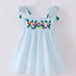 Blue Stripe Embroidery Flower Smocked Girl Dress