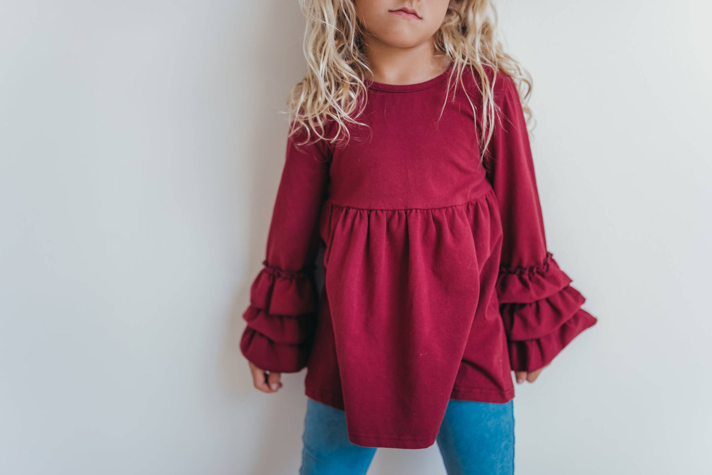 Adorable Sweetness - Kids Wine 3-Ruffle Sleeve Blouse Fall Winter Shirt