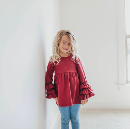 Adorable Sweetness - Kids Wine 3-Ruffle Sleeve Blouse Fall Winter Shirt