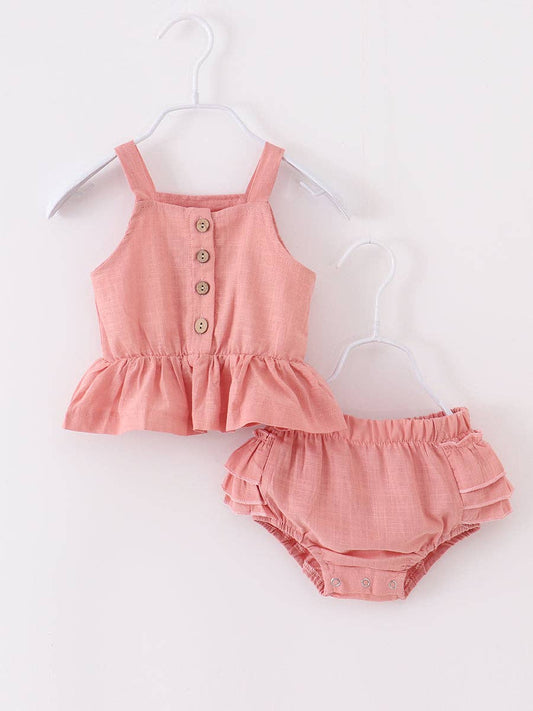 Coral Pink Linen Baby Bloomer Set